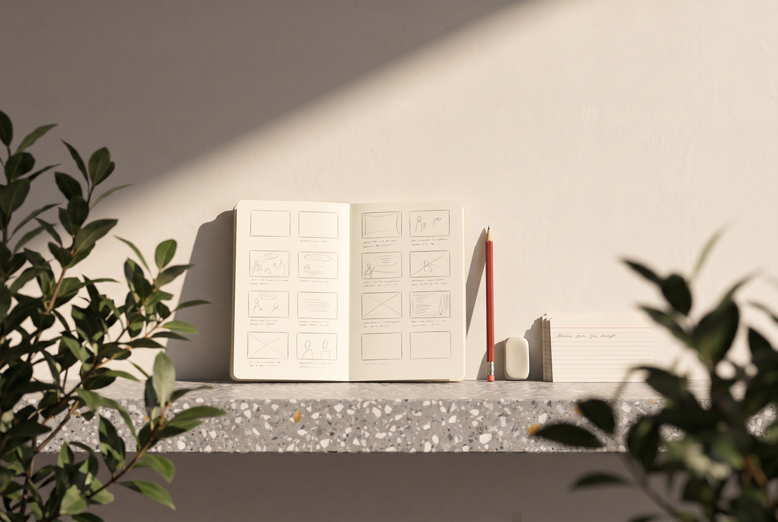 Aufgeschlagenes Skizzenbuch mit gezeichneten Storyboard-Kästchen, roter Bleistift, Radiergummi und Karteikarten auf einer Terrazzokante vor heller Wand in der Sonne