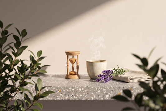 Sanduhr aus Holz, dampfende Tasse Kräutertee, ein Zweig Lavendel und ein gefaltetes Leinentuch auf einer Terrazzokante vor heller Wand in der Sonne
