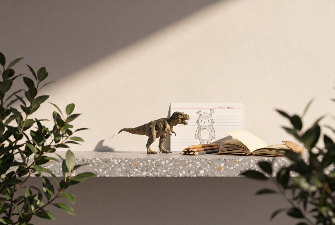 Spielzeug-T-Rex, Karteikarte mit gezeichneter Fantasiefigur, Buntstifte und aufgeschlagenes Notizbuch auf einer Terrazzokante vor heller Wand in der Sonne