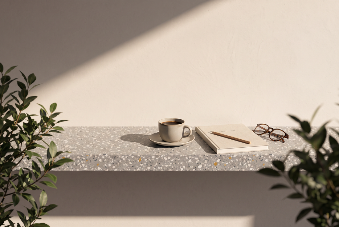 Tasse Kaffee, geschlossenes Notizbuch mit Bleistift und zusammengeklappte Lesebrille auf einer Terrazzokante vor heller Wand in der Sonne