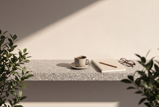 Tasse Kaffee, geschlossenes Notizbuch mit Bleistift und zusammengeklappte Lesebrille auf einer Terrazzokante vor heller Wand in der Sonne
