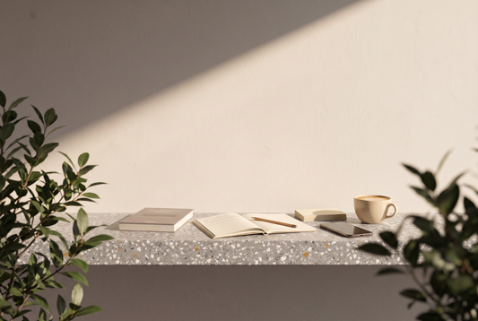 Taschenbuch, aufgeschlagenes Notizbuch mit Bleistift, ein kleiner Stapel Karteikarten, ein Smartphone und eine Tasse Kaffee auf einer Terrazzokante vor heller Wand in der Sonne