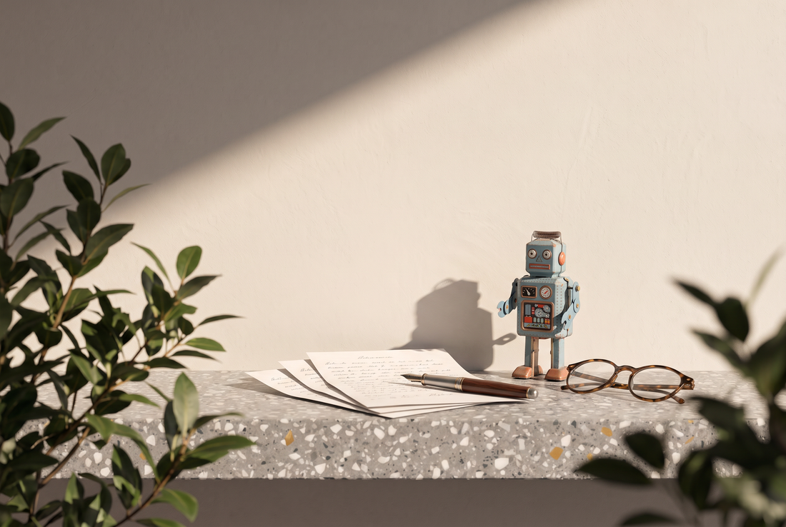Handgeschriebene Manuskriptseiten, ein Füller, ein kleiner Blechroboter zum Aufziehen und eine Lesebrille auf einer Terrazzokante vor heller Wand in der Sonne