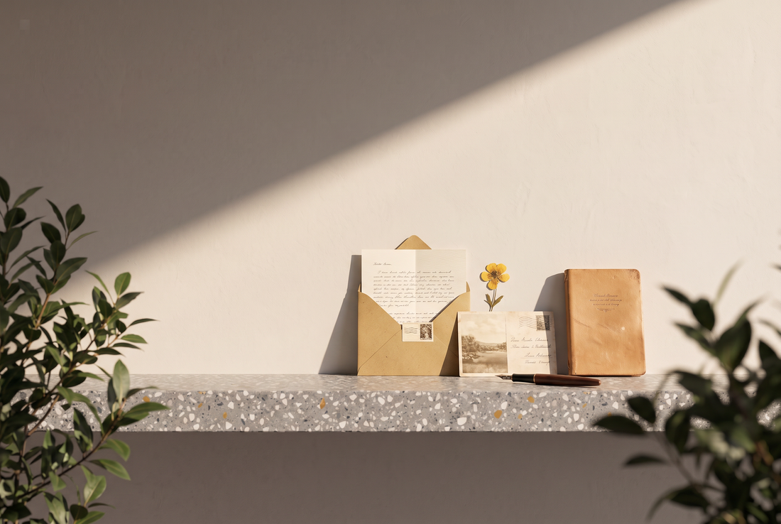 Handgeschriebener Brief in einem Umschlag mit Briefmarke, gepresste gelbe Blume, Postkarte, Füller und ein kleines Notizbuch auf einer Terrazzokante vor heller Wand in der Sonne