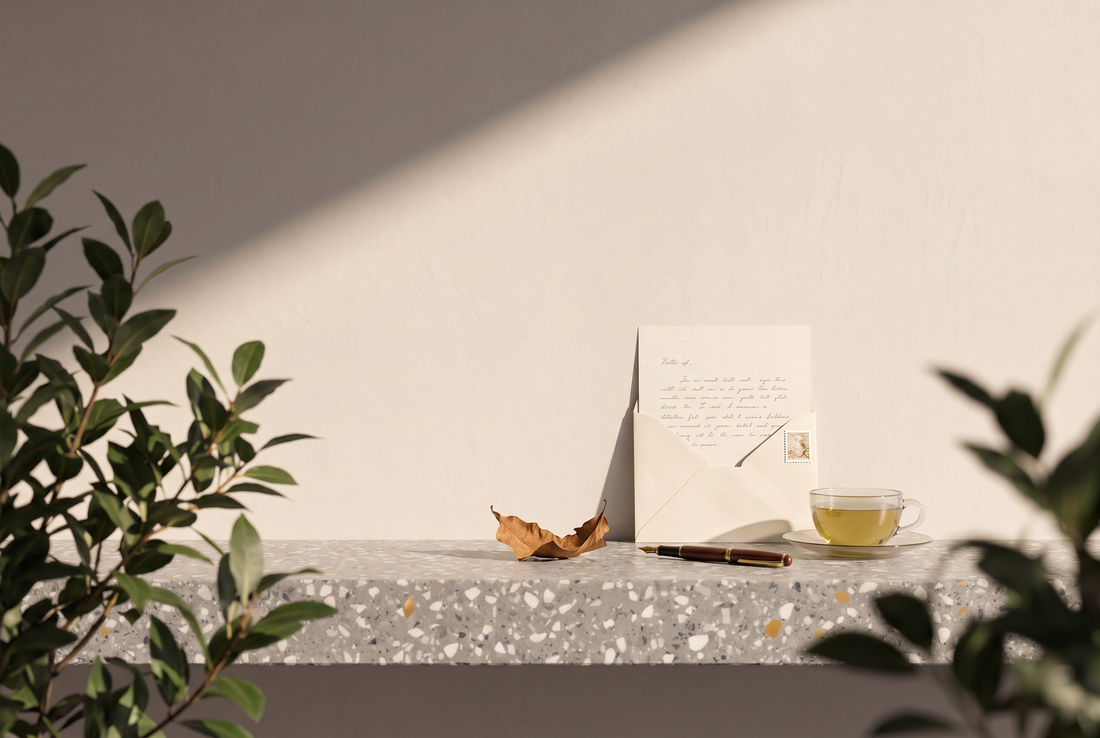 Handgeschriebener Brief im Umschlag, Füller, trockenes Blatt und Tasse Tee auf einer Terrazzokante vor heller Wand in der Sonne