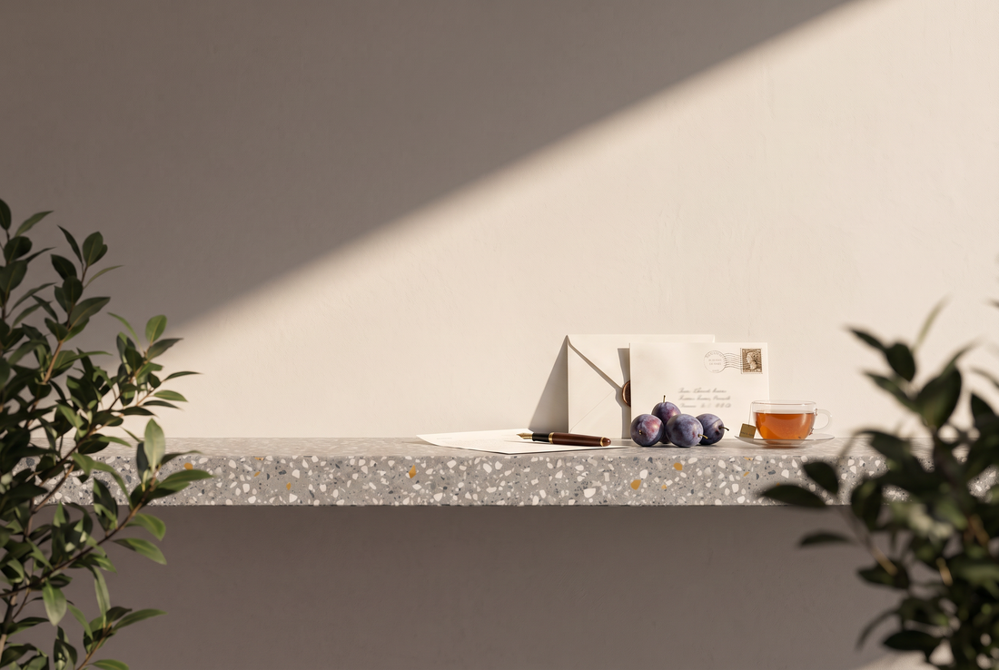 Briefpapier mit Füller, ein Umschlag mit Briefmarke, einige Pflaumen und eine Tasse Tee auf einer Terrazzokante vor heller Wand in der Sonne