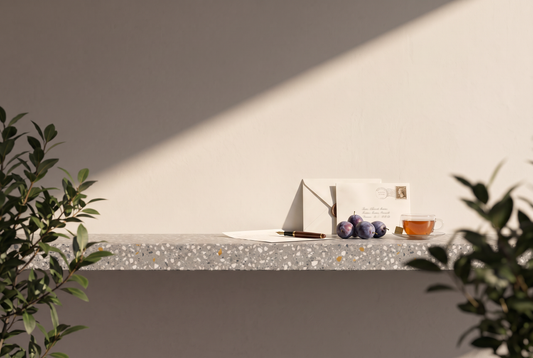 Briefpapier mit Füller, ein Umschlag mit Briefmarke, einige Pflaumen und eine Tasse Tee auf einer Terrazzokante vor heller Wand in der Sonne