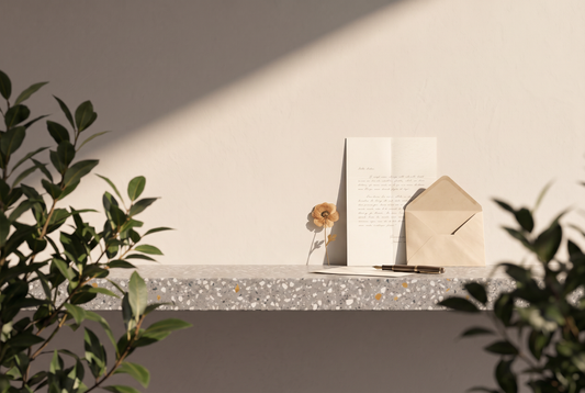 Handgeschriebener Brief, offener Umschlag, Füller und eine gepresste Blüte auf einer Terrazzokante vor heller Wand in der Sonne