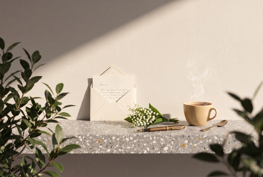 Handgeschriebener Brief in einem Umschlag, ein kleiner Strauß Maiglöckchen, ein Füller und eine Tasse Tee auf einer Terrazzokante vor heller Wand in der Sonne