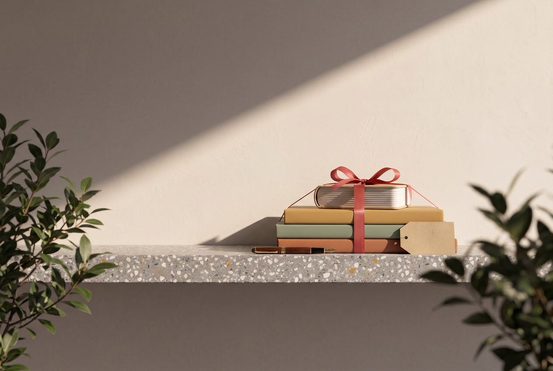 Stapel Kinderbücher mit Pappbilderbuch und roter Schleife, Füller und leerer Geschenkanhänger auf einer Terrazzokante vor heller Wand in der Sonne