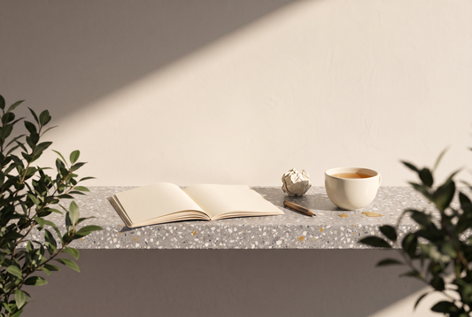 Aufgeschlagenes leeres Notizbuch, ein kurzer Bleistiftstummel, eine zerknüllte Papierkugel und eine Tasse Tee auf einer Terrazzokante vor heller Wand in der Sonne