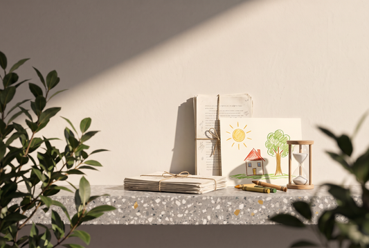 Mit Schnur gebündelte Manuskriptseiten, eine Kinderzeichnung mit Sonne, Haus und Baum, Wachsmalstifte und eine Sanduhr auf einer Terrazzokante vor heller Wand in der Sonne