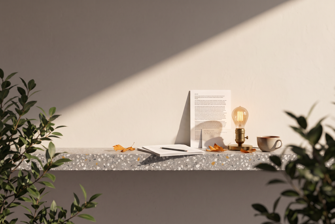 Manuskriptseiten mit Bleistift, eine Karteikarte, eine kleine Messinglampe mit warmem Licht, Herbstblätter und eine Tasse Tee auf einer Terrazzokante vor heller Wand in der Sonne