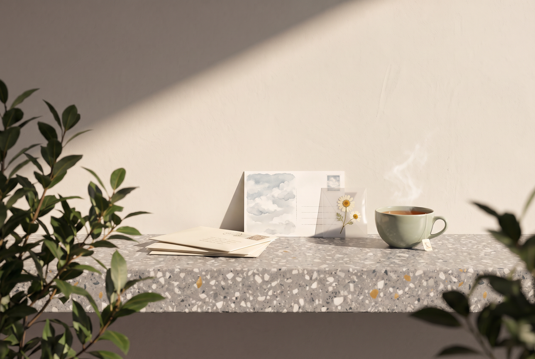 Kleiner Stapel frankierter Briefumschläge, eine Aquarell-Postkarte mit Wolkenhimmel, eine gepresste Blume in einem durchsichtigen Umschlag und eine Tasse Tee auf einer Terrazzokante vor heller Wand in der Sonne