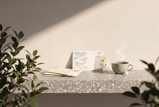 Kleiner Stapel frankierter Briefumschläge, eine Aquarell-Postkarte mit Wolkenhimmel, eine gepresste Blume in einem durchsichtigen Umschlag und eine Tasse Tee auf einer Terrazzokante vor heller Wand in der Sonne