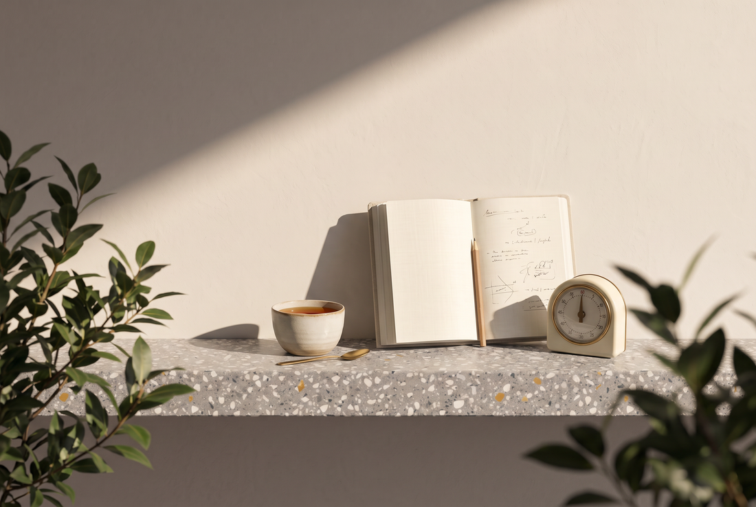 Aufgeschlagenes Notizbuch mit Bleistift, analoger Küchenwecker und Tasse Tee auf einer Terrazzokante vor heller Wand in der Sonne