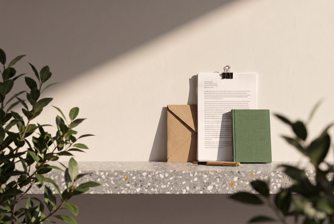 Manuskriptstapel mit schwarzer Klammer, brauner Umschlag, Füller und ein geschlossenes grünes Bilderbuch auf einer Terrazzokante vor heller Wand in der Sonne