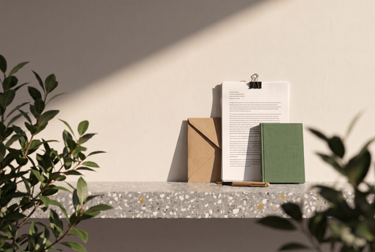 Manuskriptstapel mit schwarzer Klammer, brauner Umschlag, Füller und ein geschlossenes grünes Bilderbuch auf einer Terrazzokante vor heller Wand in der Sonne