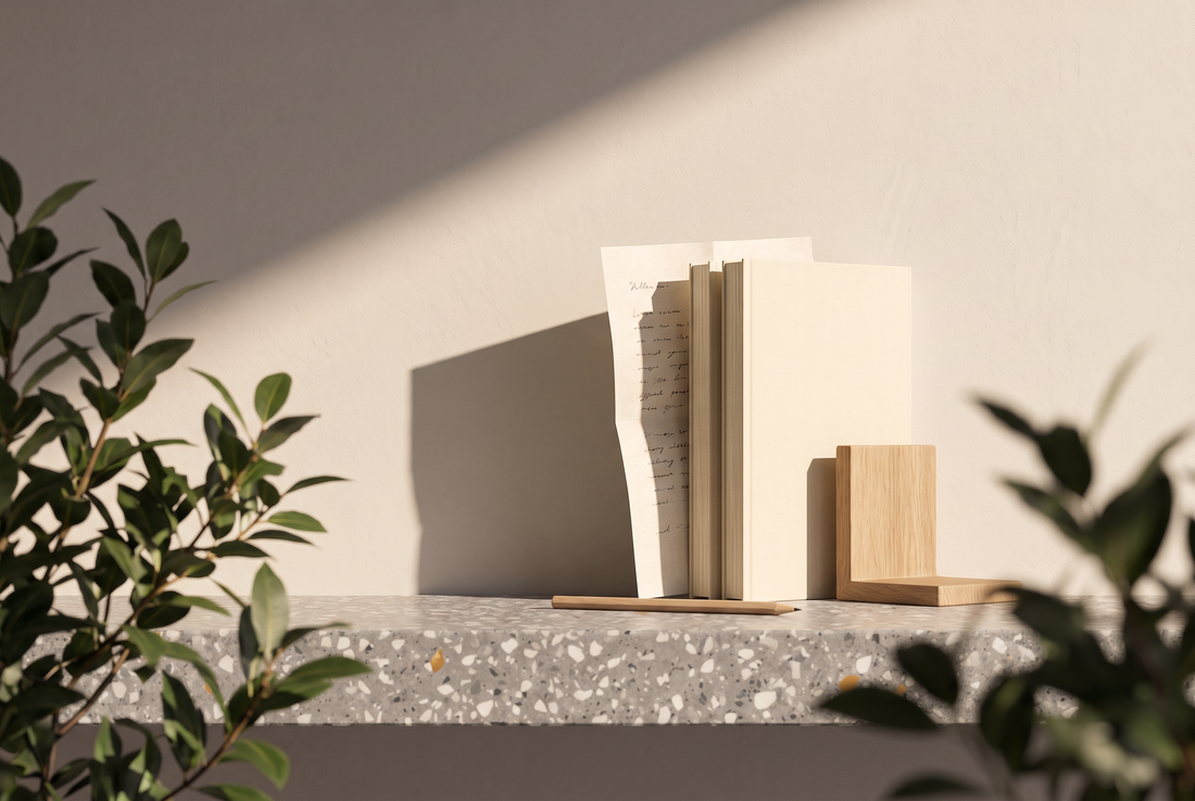 Taschenbücher mit schlichten Umschlägen, ein gefaltetes Blatt, ein Bleistift und eine hölzerne Buchstütze auf einer Terrazzokante vor heller Wand in der Sonne