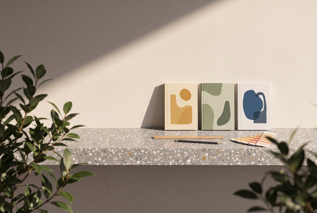 Drei Buchcover mit abstrakten Formen in Ocker, Salbeigrün und Blau, ein Lineal, ein Bleistift und ein Farbfächer auf einer Terrazzokante vor heller Wand in der Sonne