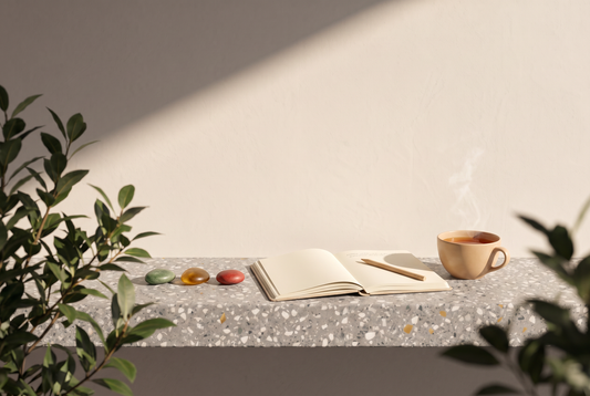 Drei glatte Kiesel in Grün, Bernstein und Rot wie eine kleine Ampel, aufgeschlagenes Notizbuch mit Bleistift und Tasse Tee auf einer Terrazzokante vor heller Wand in der Sonne