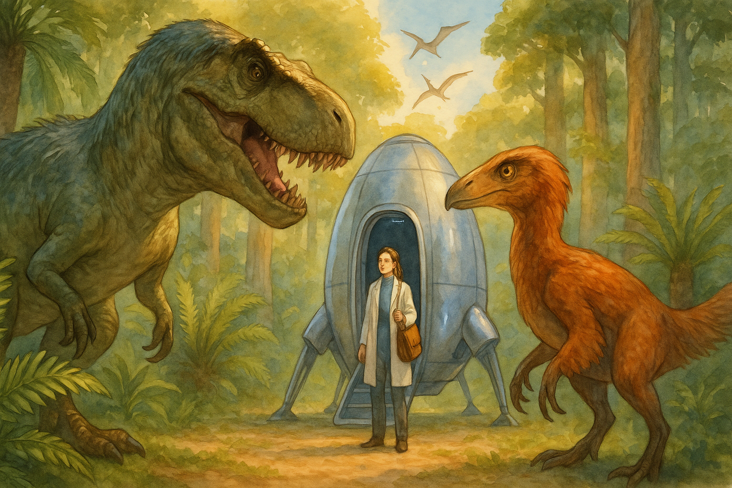 Prähistorische Begegnung mit T-Rex, Raptor und Forscherin – KI-Illustration für Dinosaurier-Kinderbuch von Autorin Pia Klein Creative Studio