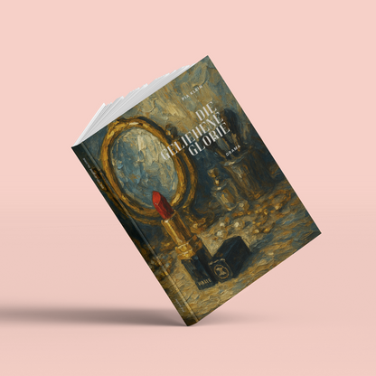Buchcover-Mockup Drama "Die geliehene Glorie" von Autorin Pia Klein – Roman ab 16 Jahren, Drama Buch Mailand, Pia Klein Autorin, Selfpublishing Drama Deutschland
