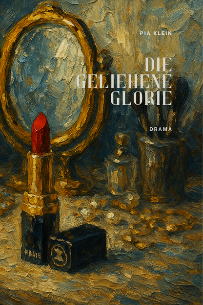 Cover Drama "Die geliehene Glorie" von Autorin Pia Klein – goldener Spiegel mit Lippenstift im Ölgemälde-Stil, Drama Roman kaufen, Pia Klein Autorin Deutschland