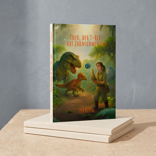 Kinderbuch „Theo, der T-Rex, hat Zahnschmerzen“ von Pia Klein, Hardcover vor graublauer Wand