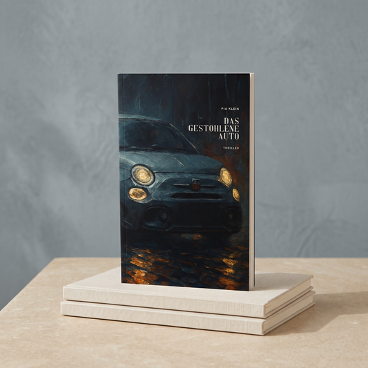 Roman „Das gestohlene Auto“ von Pia Klein, Taschenbuch vor graublauer Wand