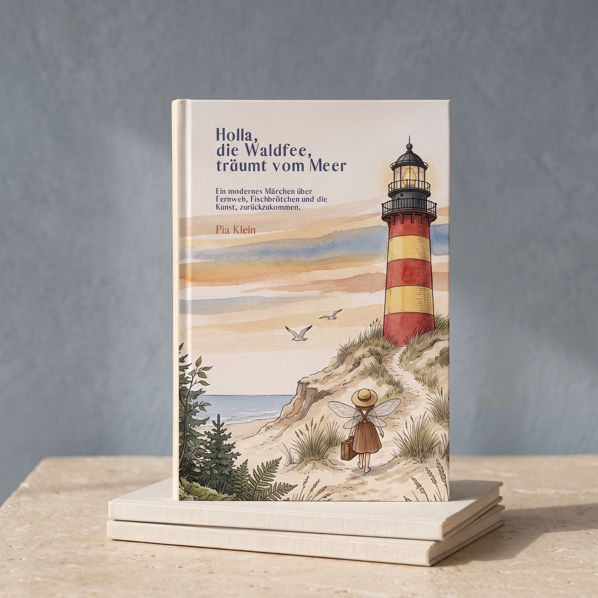Kinderbuch „Holla, die Waldfee, träumt vom Meer“ von Pia Klein, Hardcover mit Aquarell-Leuchtturm auf dem Cover, vor graublauer Wand