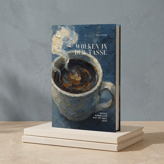 Briefesammlung „Wolken in der Tasse“ von Pia Klein, Hardcover mit gemalter Kaffeetasse vor graublauer Wand