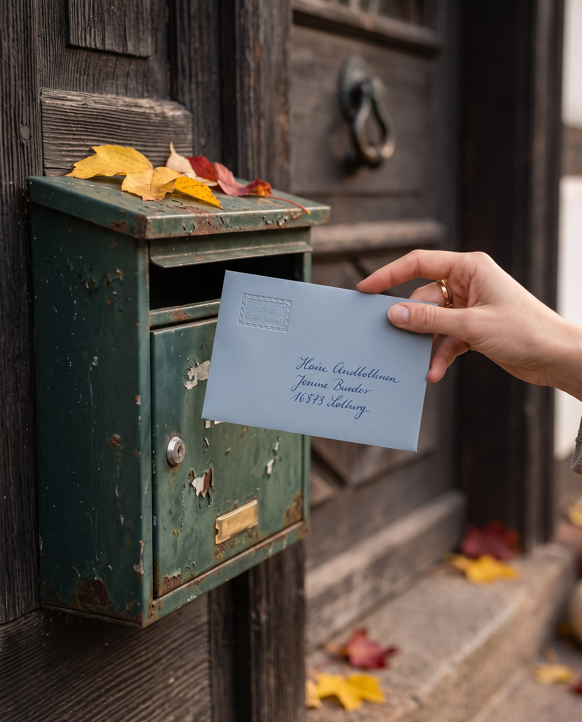 Hand nimmt den graublauen Umschlag aus einem alten grünen Briefkasten an einer Holztür