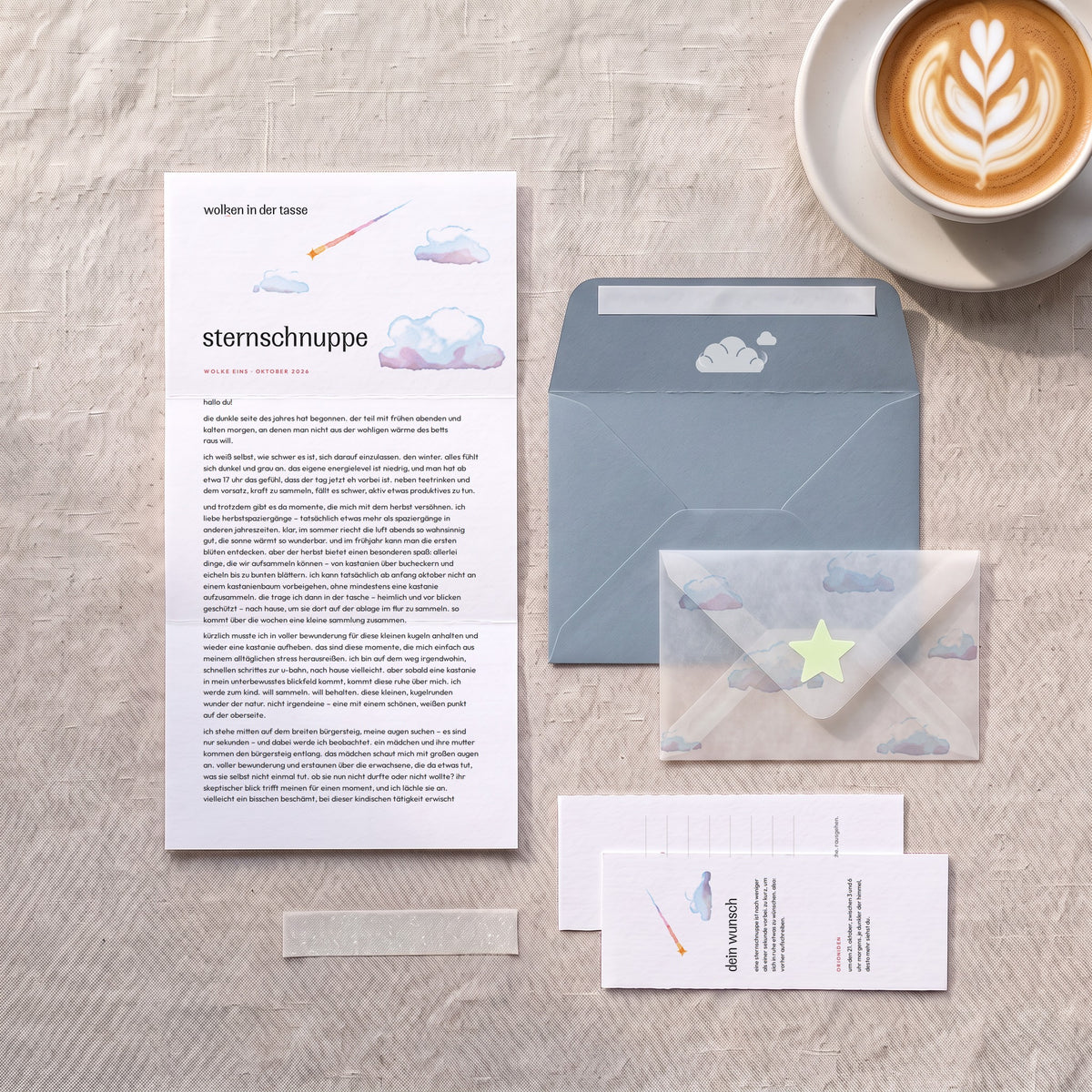 wolken in der tasse, Brief Oktober „sternschnuppe“ mit graublauem Umschlag, Wolkenstempel, Transparentumschlag mit Wolkendruck, Leuchtstern und Wunschkarte