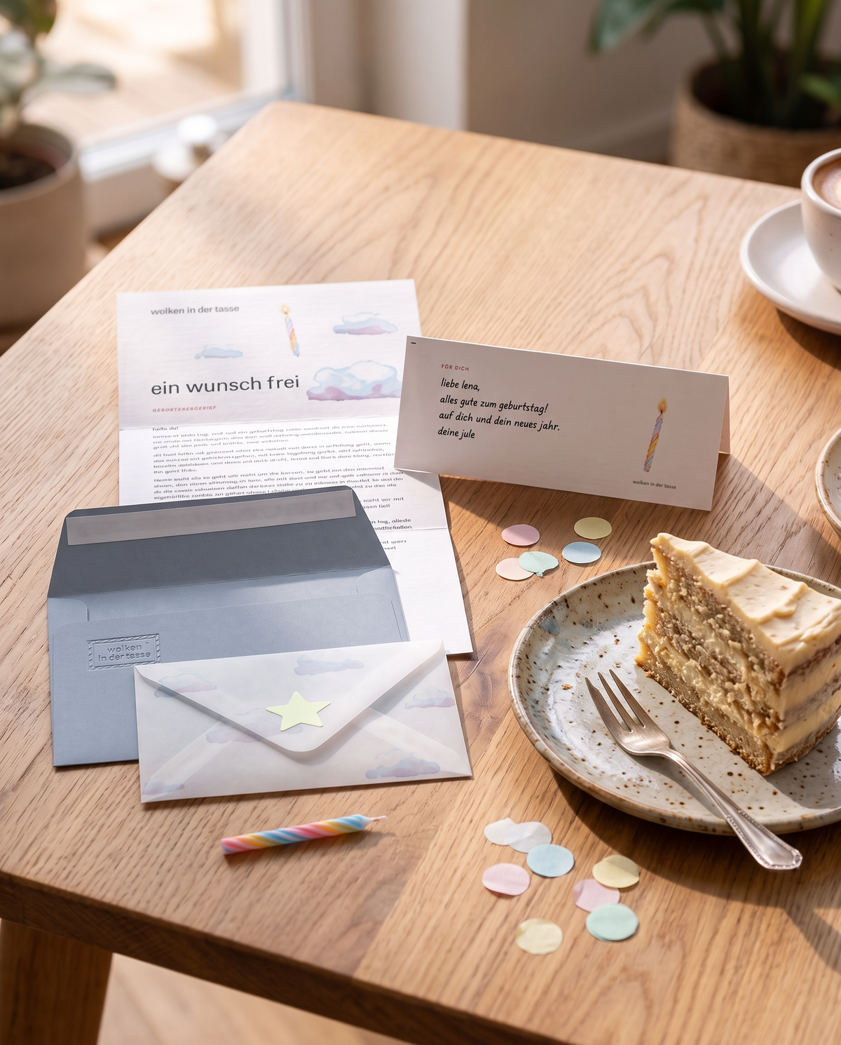 Geburtstagsbrief „ein wunsch frei“ mit aufgestellter Grußkarte, graublauem Umschlag, Transparentumschlag mit Stern, Kerze, Konfetti und Kuchen auf einem Eichentisch am Fenster