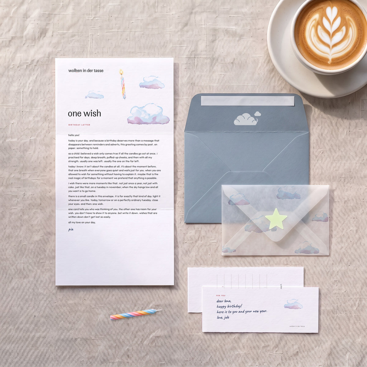 Birthday letter “one wish” with handwritten greeting card, wish card, birthday candle, grey-blue envelope and vellum envelope with cloud print